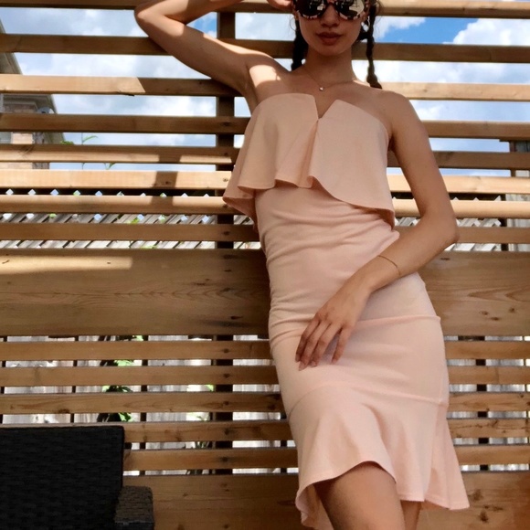 Nude Bandeau V Bar Frill Hem Midi Dress - Picture 2 of 5